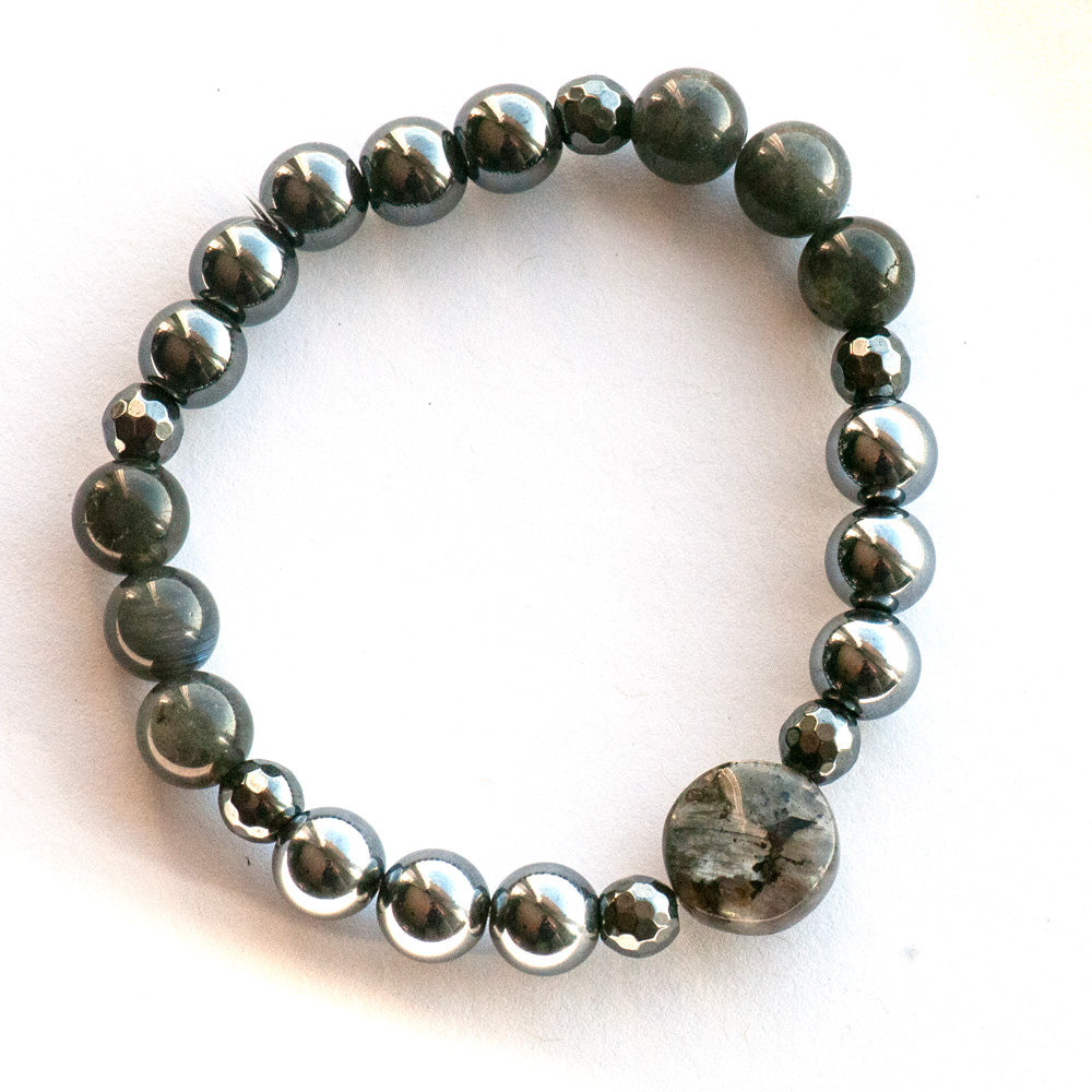 Larvikite, terahertz, black labradorite and hematite bracelet