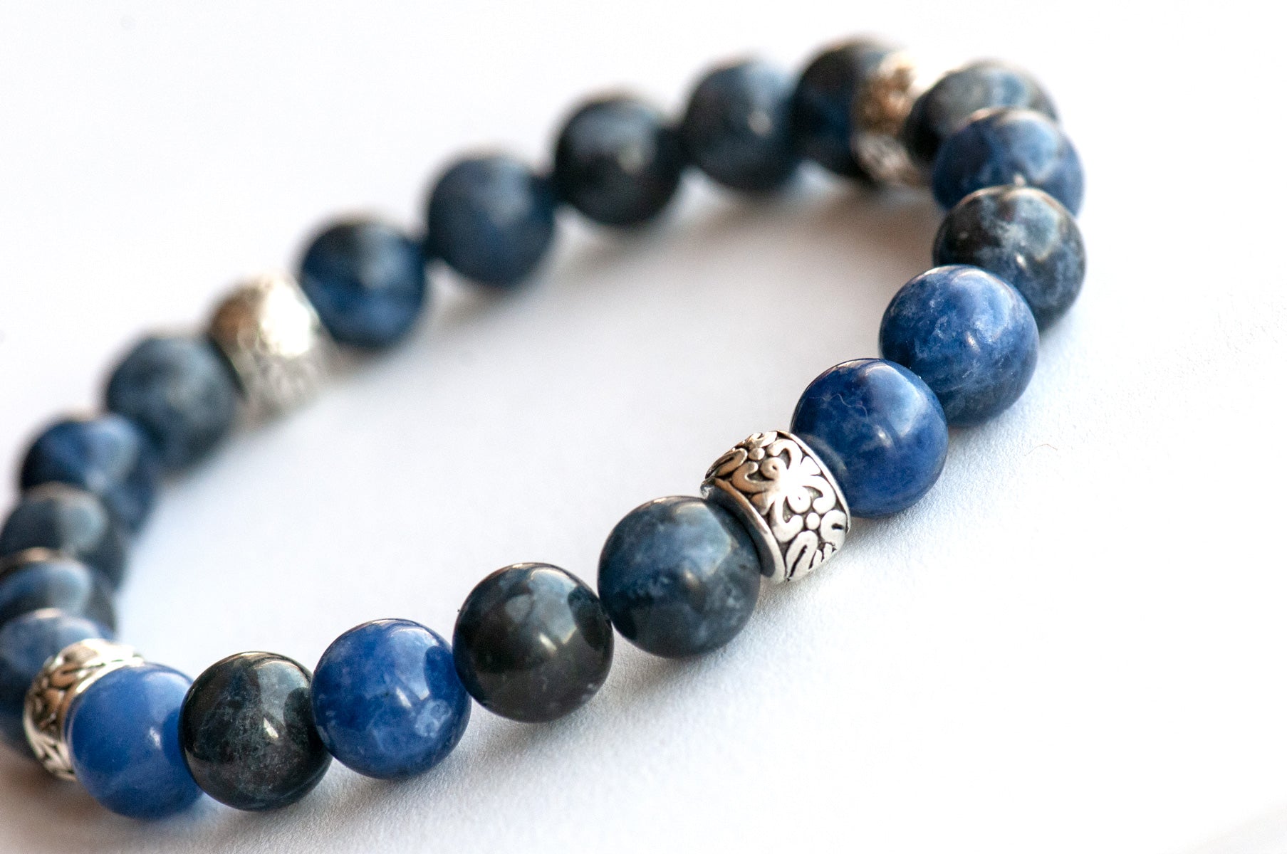 Beautiful A-grade blue sodalite stretch bracelet for sale. Handmade in New Brunswick Canada