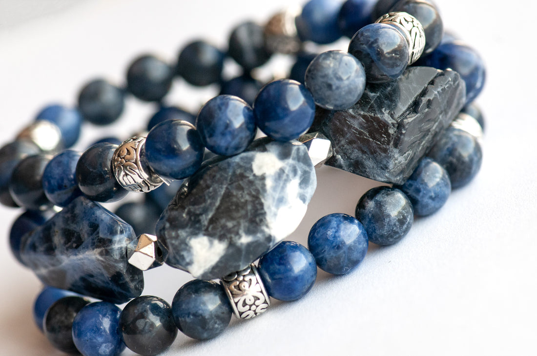 Beautiful A-grade blue sodalite stretch bracelet for sale. Handmade in New Brunswick Canada