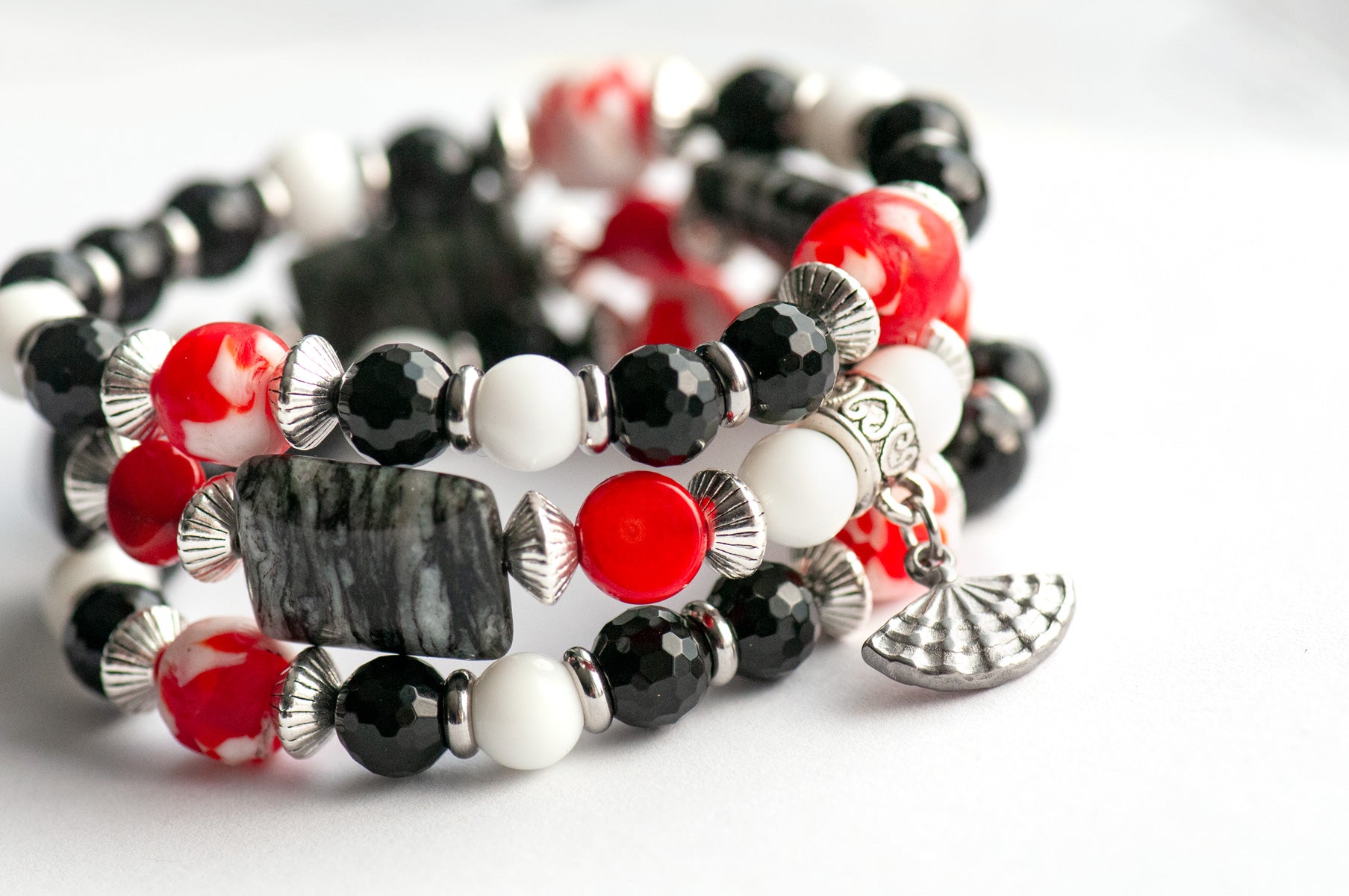Voyage to Andalusia bracelet set with onyx, agate, jasper, and recycled glass beads. Handmade in Canada