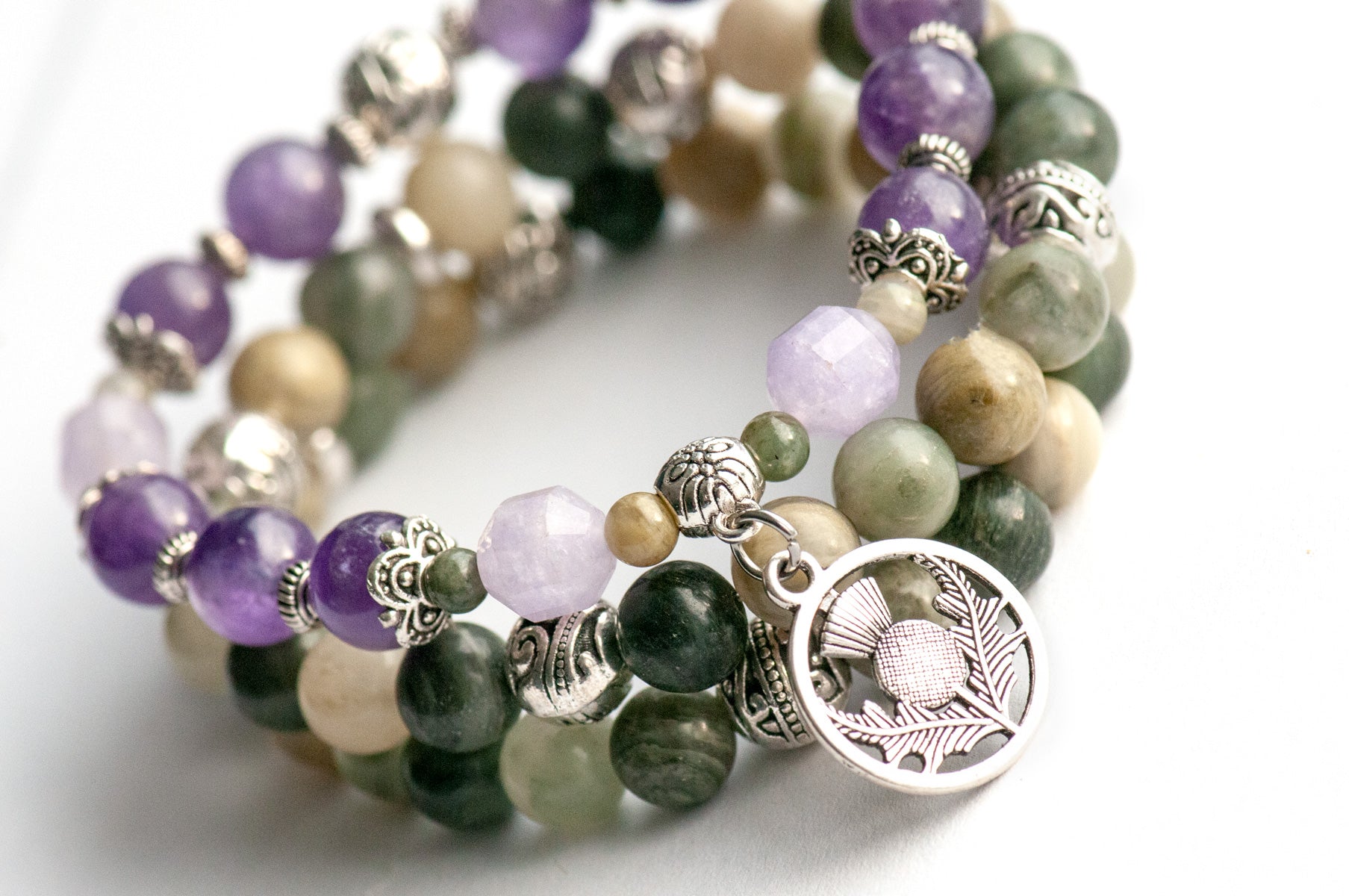 Voyage to Edinburgh Scotland themed  bracelet set with Amethyst and Jasper handmade in Canada