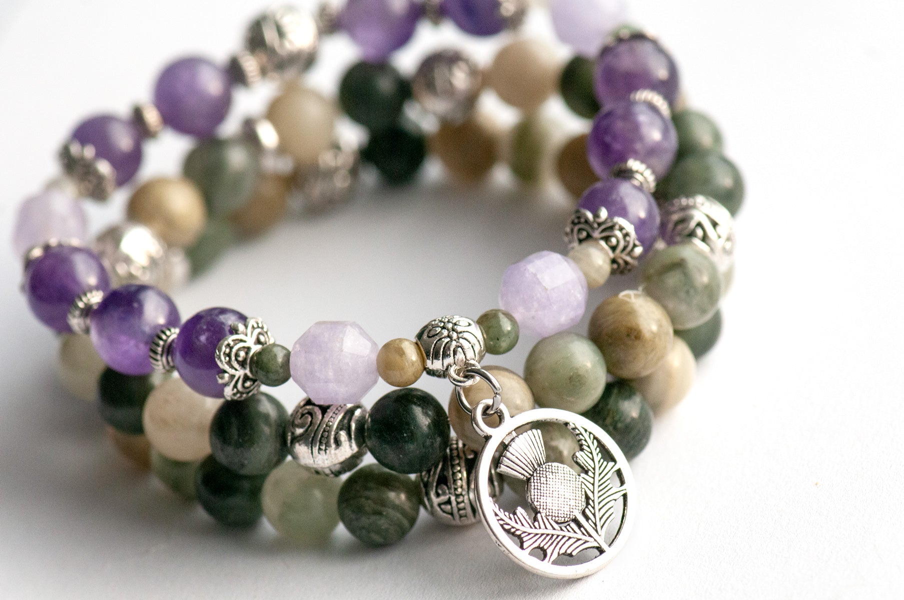 Voyage to Edinburgh Scotland themed  bracelet set with Amethyst and Jasper handmade in Canada