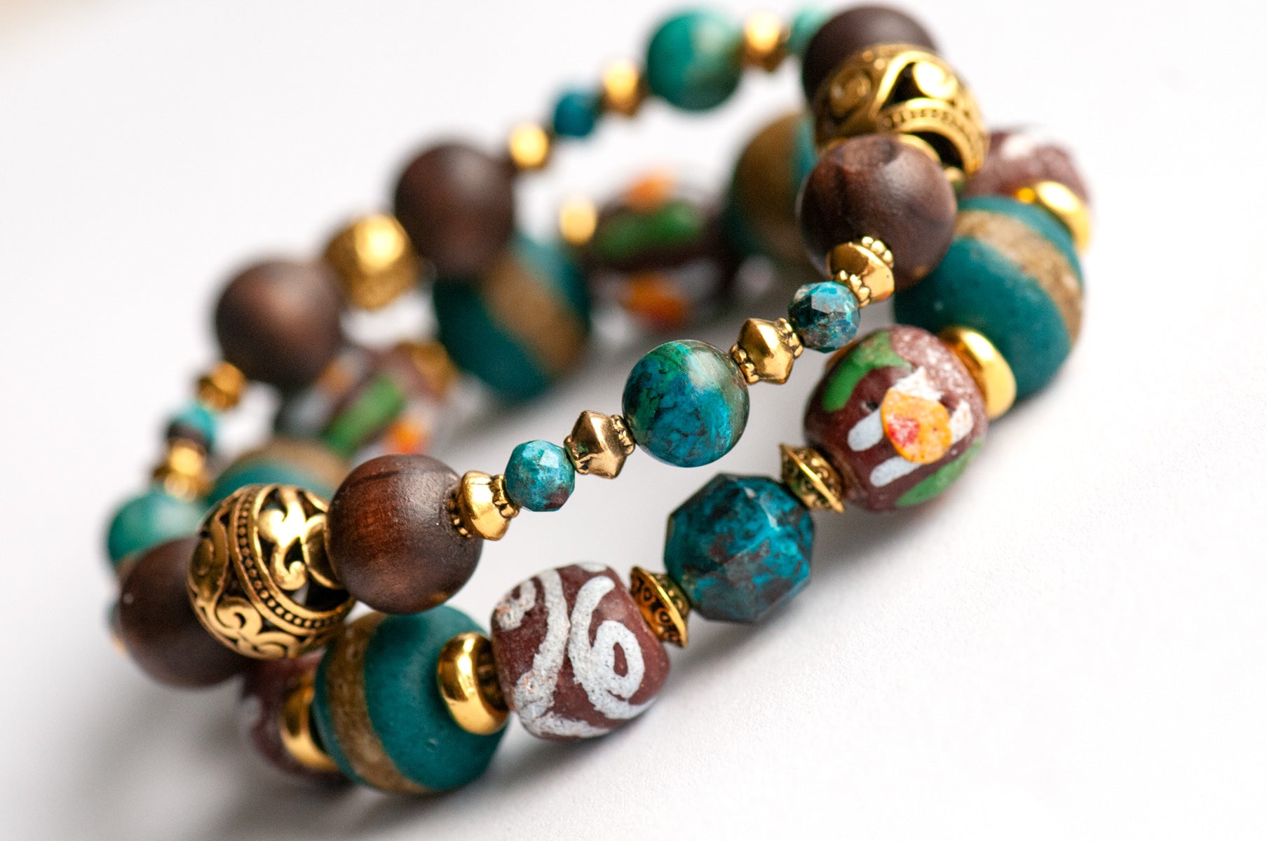 Chrysocolla and Krobo bead tribal bracelet Boho style with gold accents