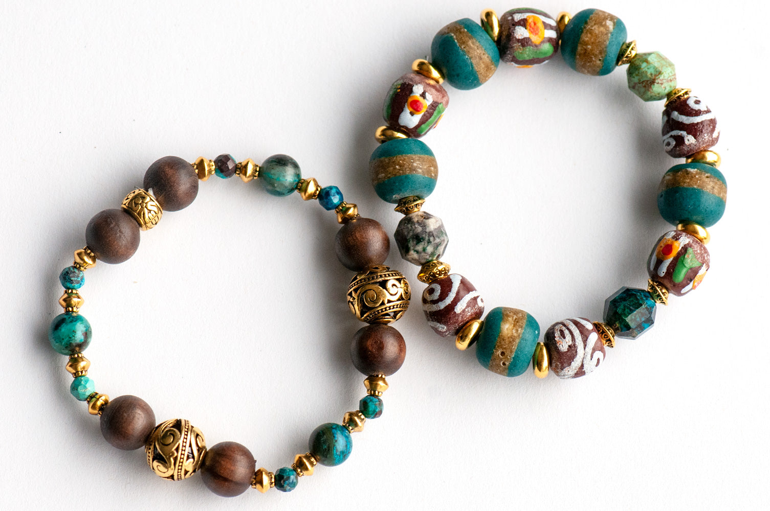 Turquoise chrysocolla and handmade krobo bead bracelet set