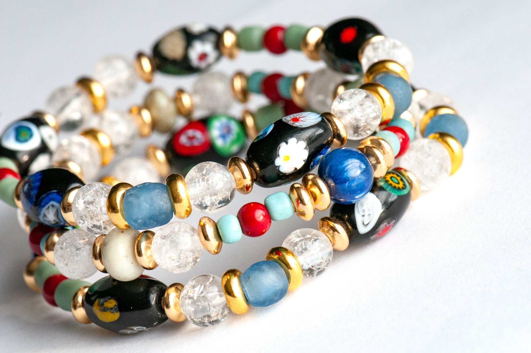 Voyage to Venice - Handmade bracelet set with Kyanite, Quartz, Garnet, and recycled glass beads