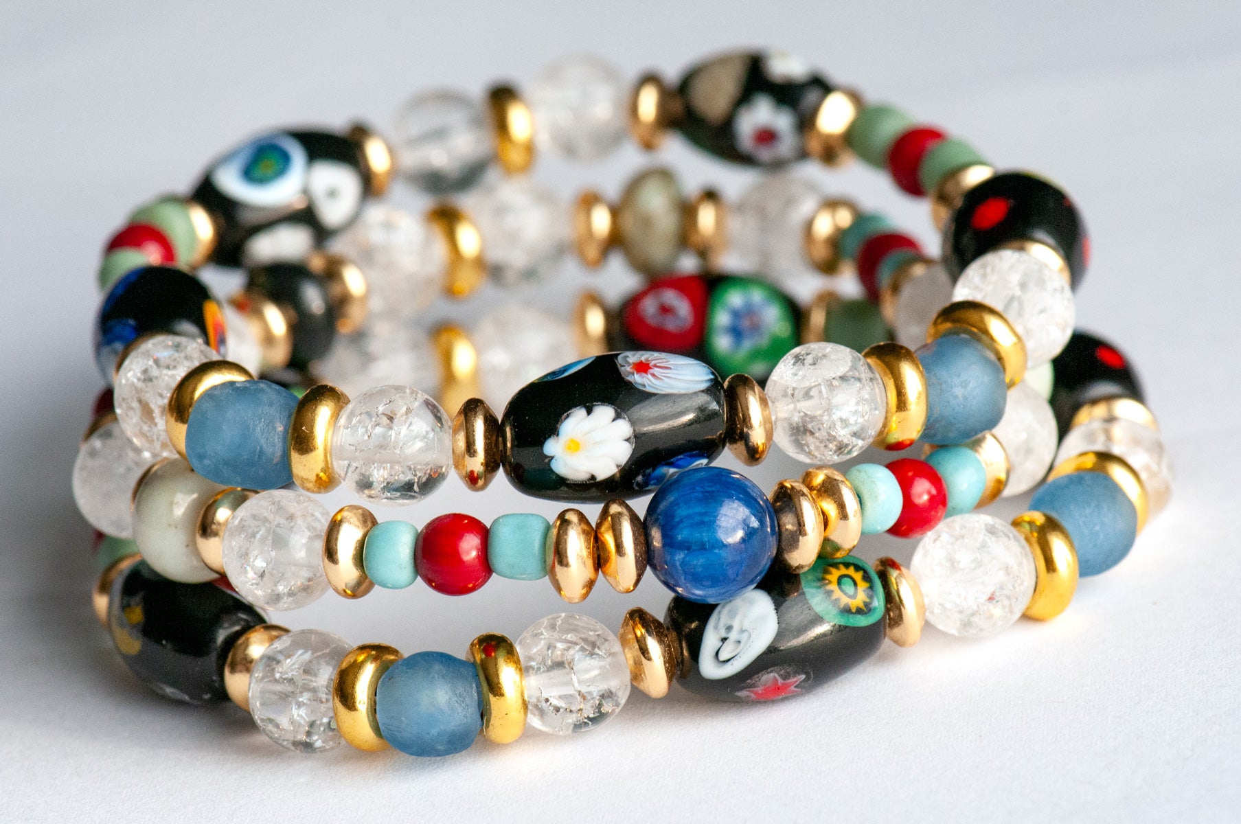 Voyage to Venice - Handmade bracelet set with Kyanite, Quartz, Garnet, and recycled glass beads