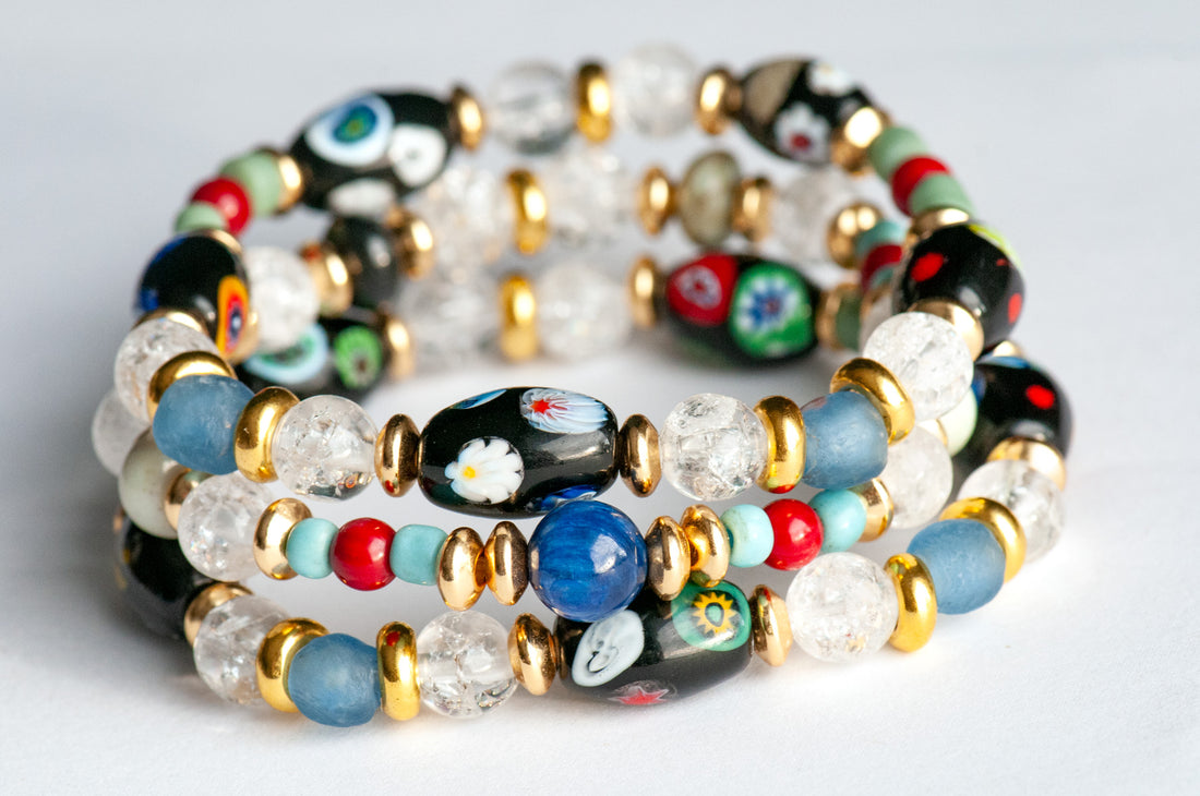 Voyage to Venice - Handmade bracelet set with Kyanite, Quartz, Garnet, and recycled glass beads