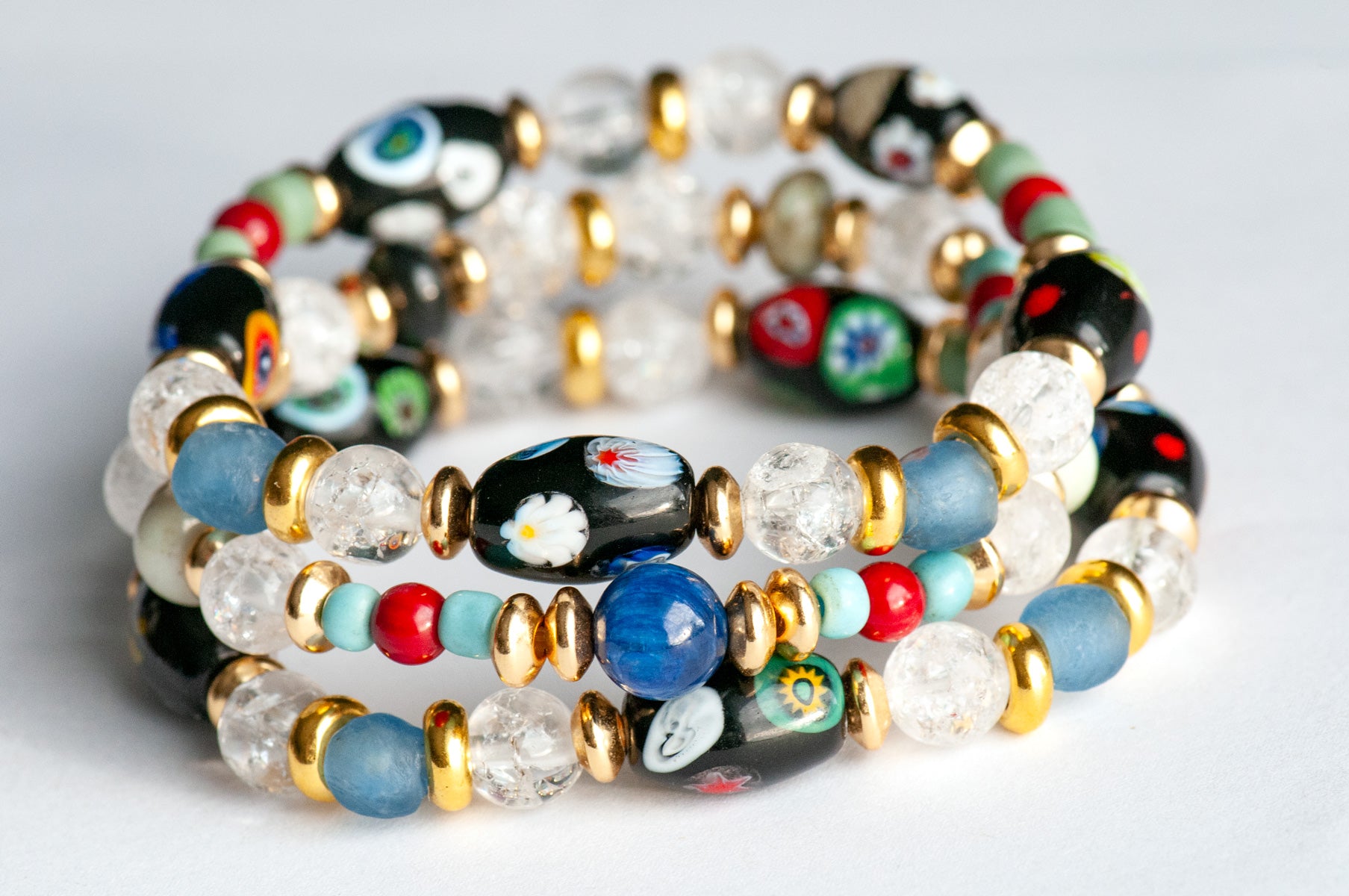 Voyage to Venice - Handmade bracelet set with Kyanite, Quartz, Garnet, and recycled glass beads