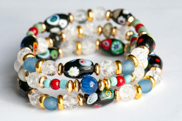 Voyage to Venice - Handmade bracelet set with Kyanite, Quartz, Garnet, and recycled glass beads