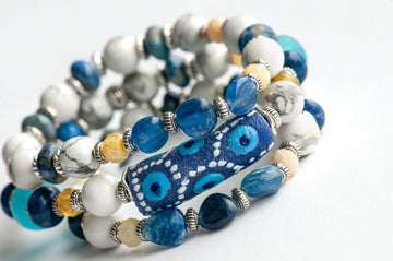 Voyage to Santorini - Kyanite, Lapis, Howlite, and Opal bracelet set inspired by Greece