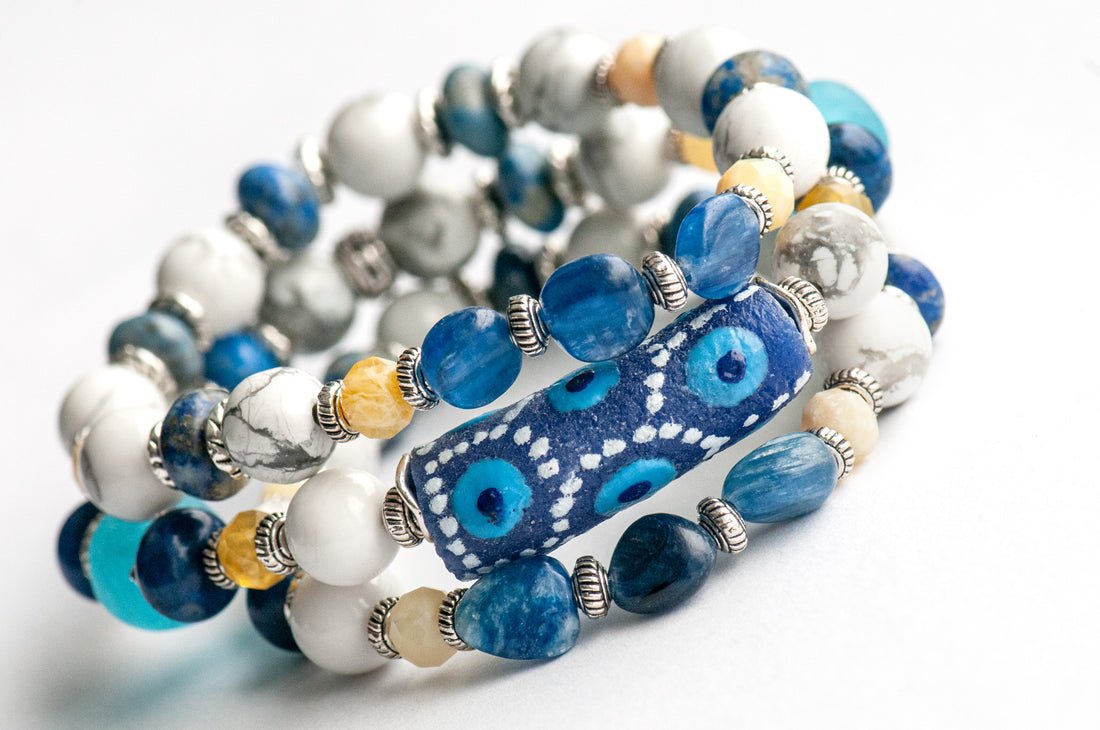 Voyage to Santorini - Kyanite, Lapis, Howlite, and Opal bracelet set inspired by Greece