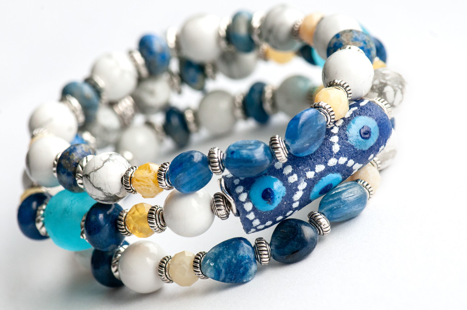 Voyage to Santorini - Kyanite, Lapis, Howlite, and Opal bracelet set inspired by Greece