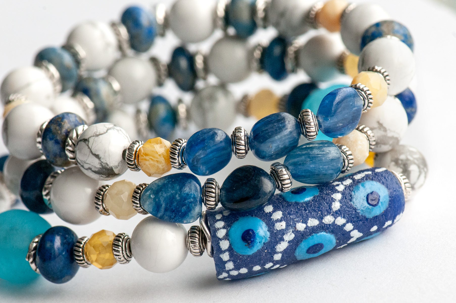 Voyage to Santorini - Kyanite, Lapis, Howlite, and Opal bracelet set inspired by Greece