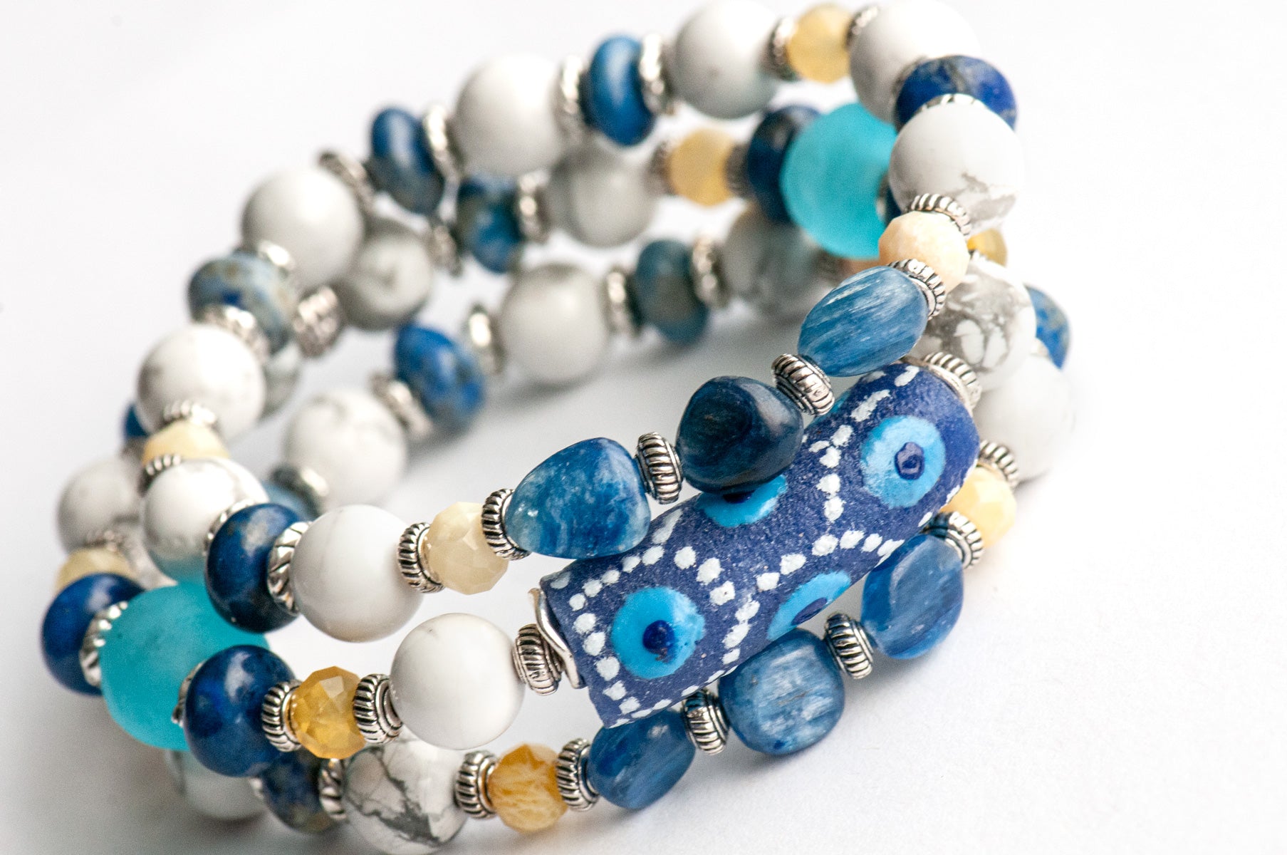 Voyage to Santorini - Kyanite, Lapis, Howlite, and Opal bracelet set inspired by Greece