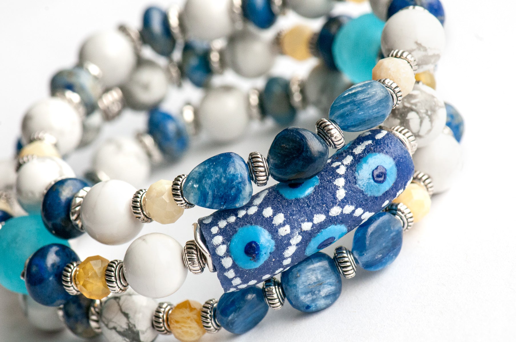 Voyage to Santorini - Kyanite, Lapis, Howlite, and Opal bracelet set inspired by Greece