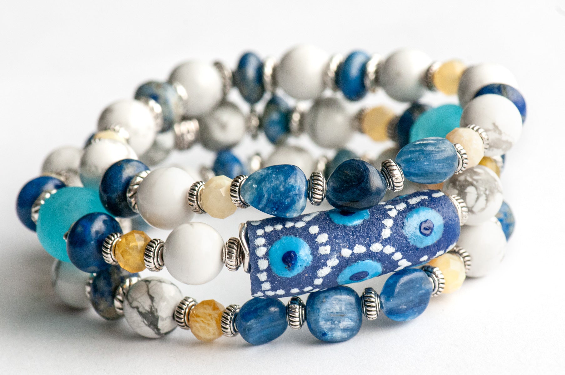 Voyage to Santorini - Kyanite, Lapis, Howlite, and Opal bracelet set inspired by Greece
