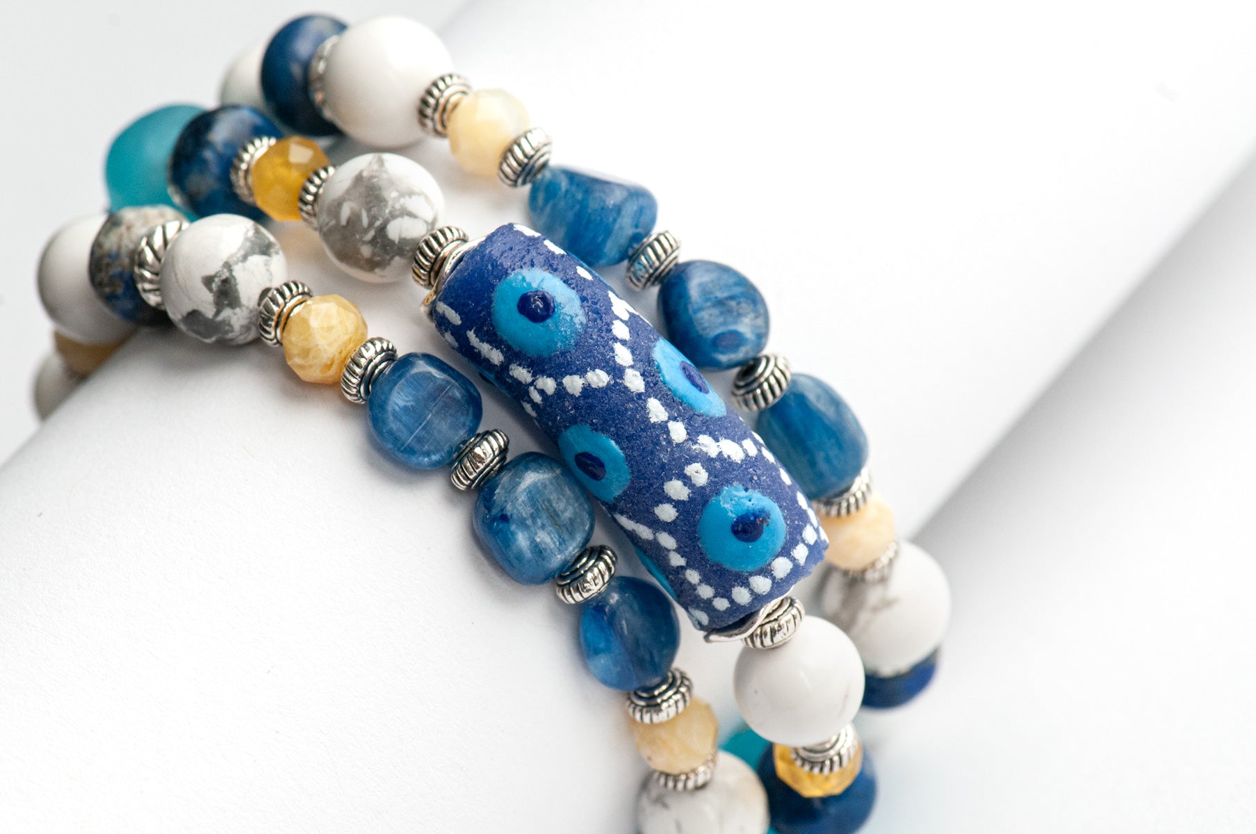 Voyage to Santorini - Kyanite, Lapis, Howlite, and Opal bracelet set inspired by Greece