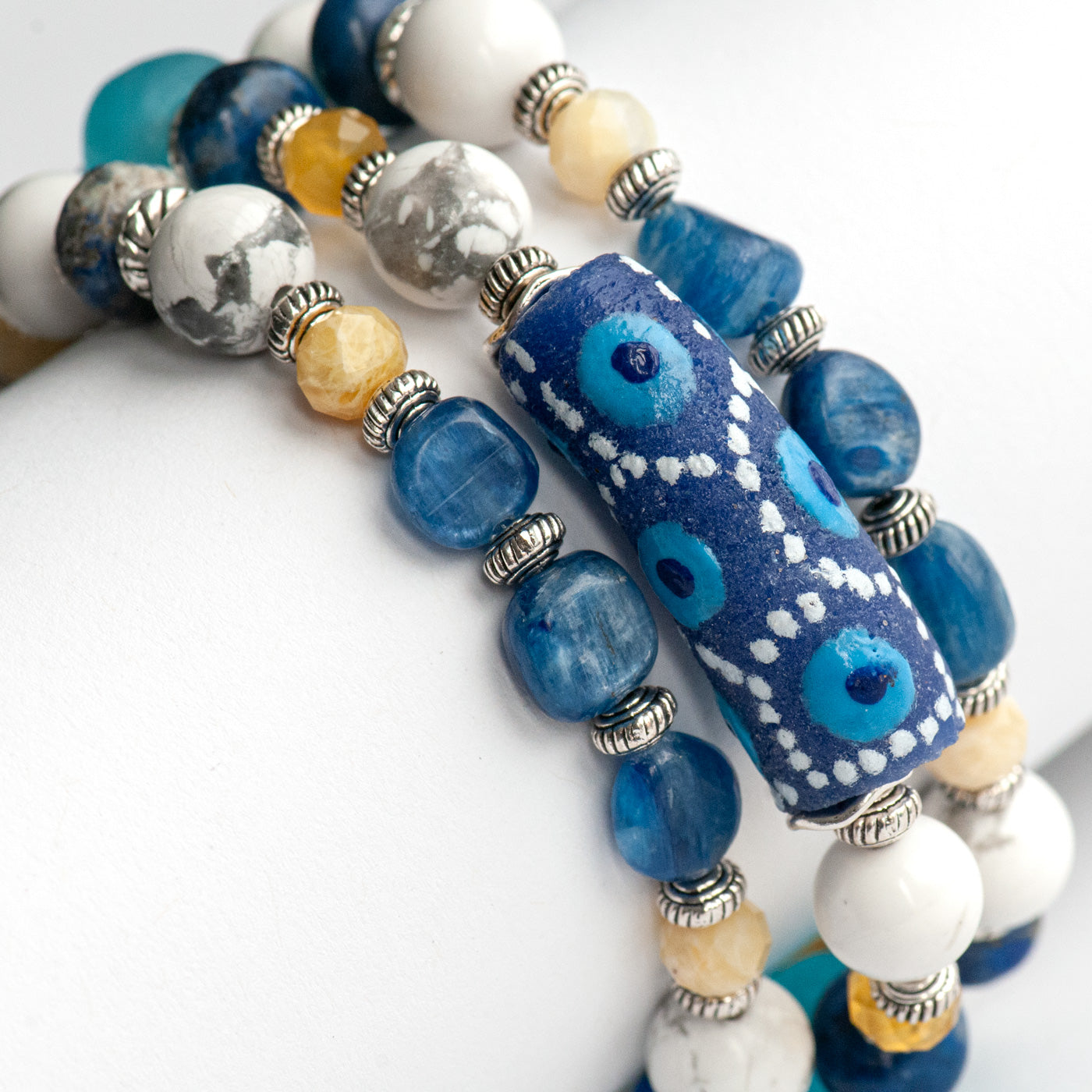 Voyage to Santorini - Kyanite, Lapis, Howlite, and Opal bracelet set inspired by Greece