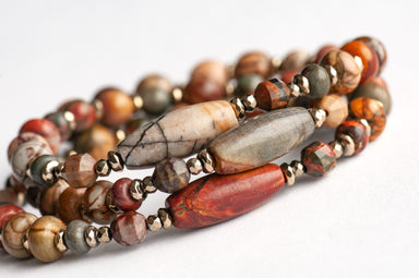 Handmade triple-wrap bracelet or necklace  made with Cherry Creek Jasper and pyrite-plated hematite gemstone beads.