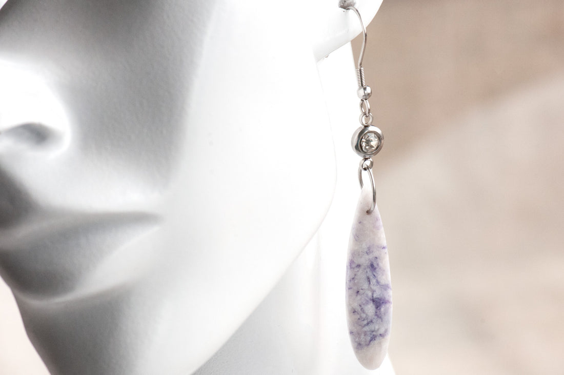 Handcrafted Tiffany Stone teardrop earrings in purple and white