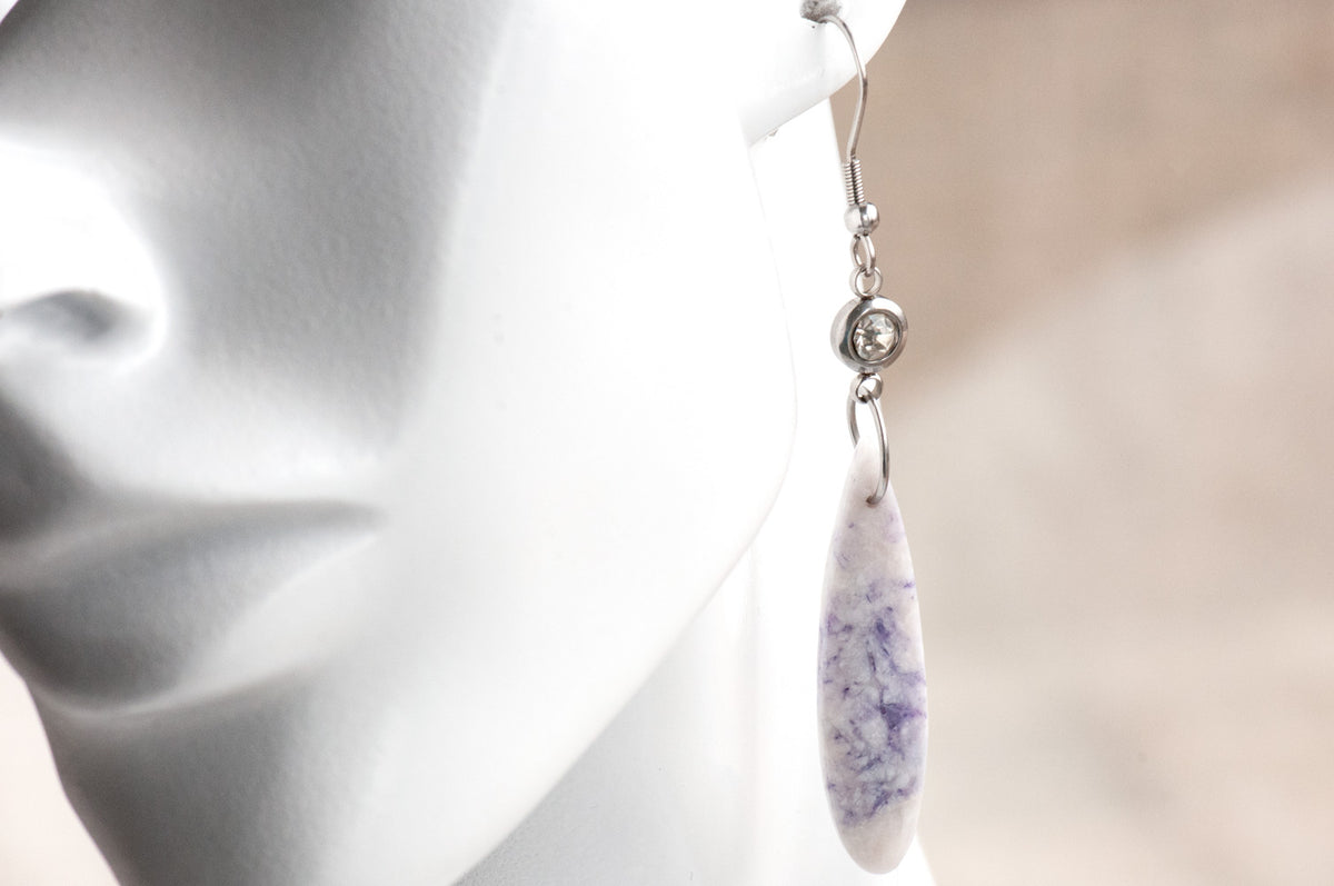 Handcrafted Tiffany Stone teardrop earrings in purple and white