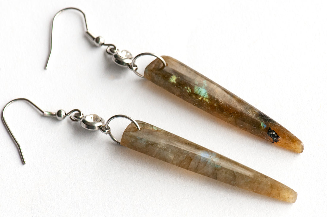 Dramatic Labradorite Dagger earrings handmade in New Brunswick Canada