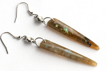 Dramatic Labradorite Dagger earrings handmade in New Brunswick Canada