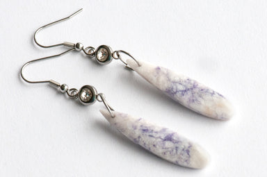 Handcrafted Tiffany Stone teardrop earrings in purple and white