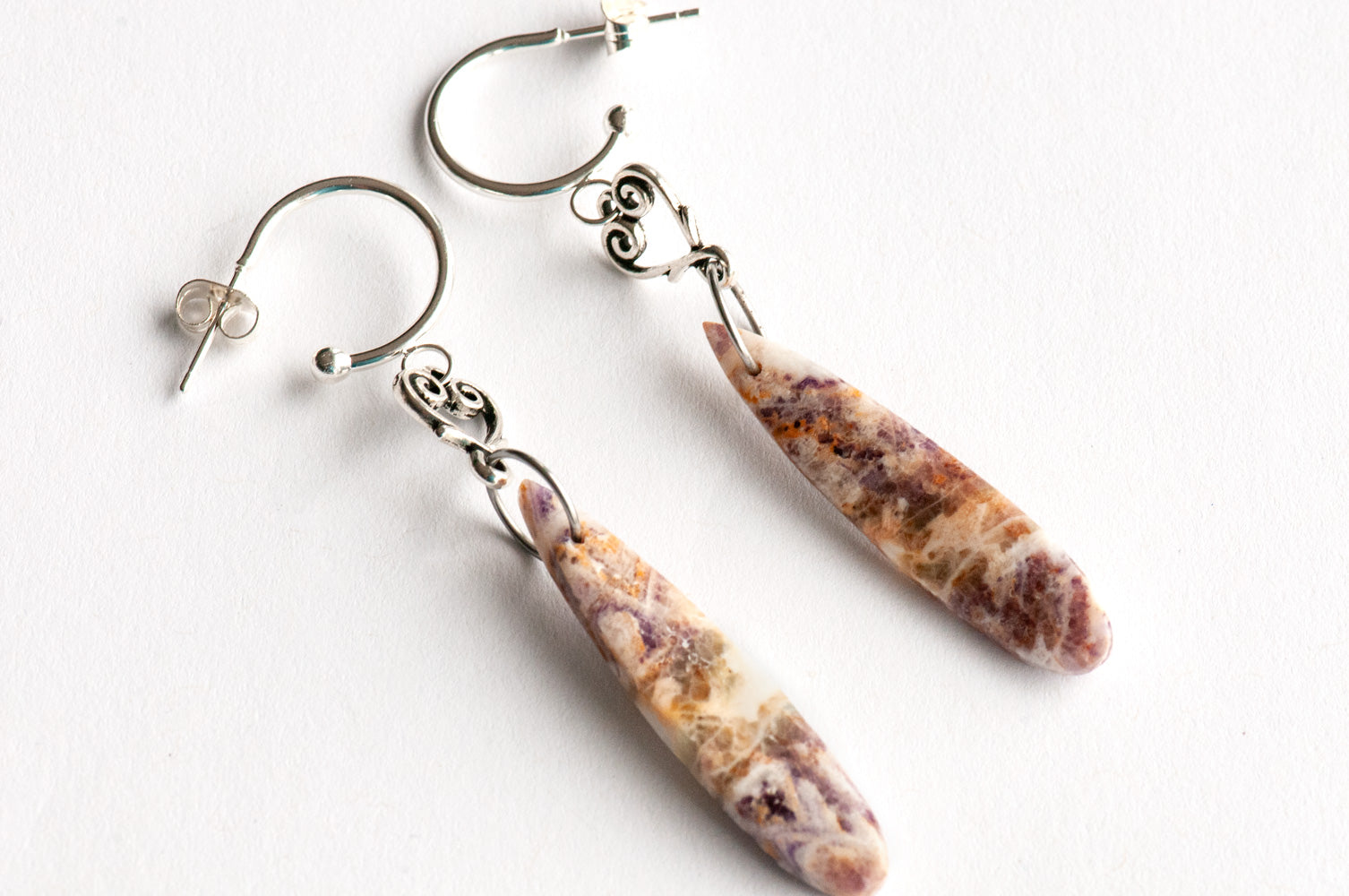 Petrified Purple Fluorite drop earrings in purple and yellow