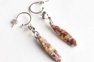 Petrified Purple Fluorite drop earrings in purple and yellow