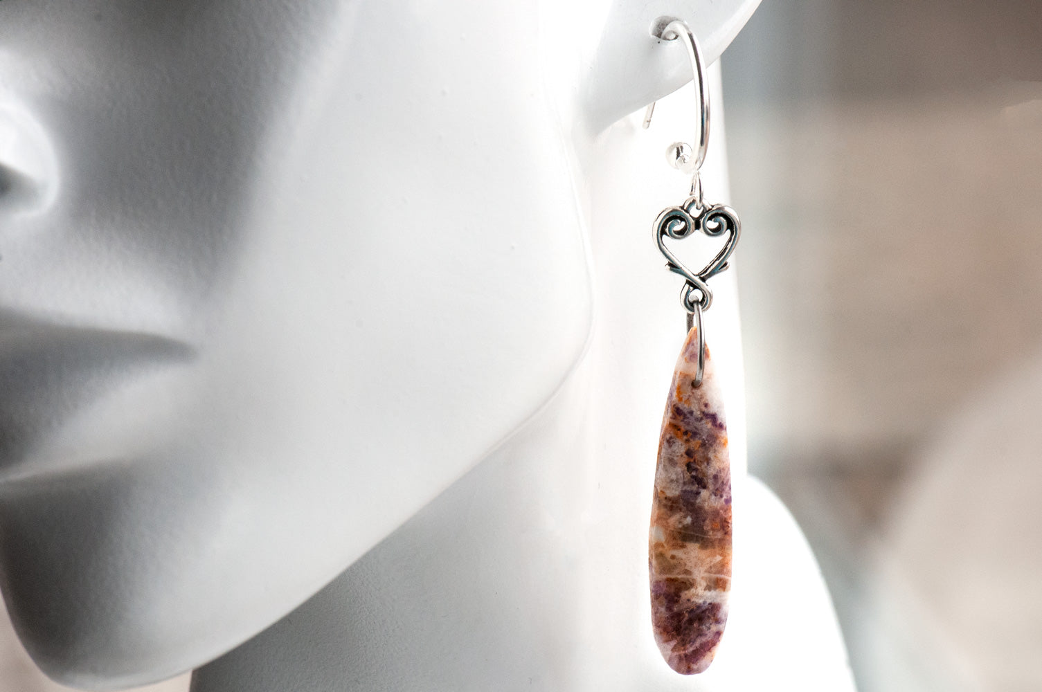 Petrified Purple Fluorite drop earrings in purple and yellow