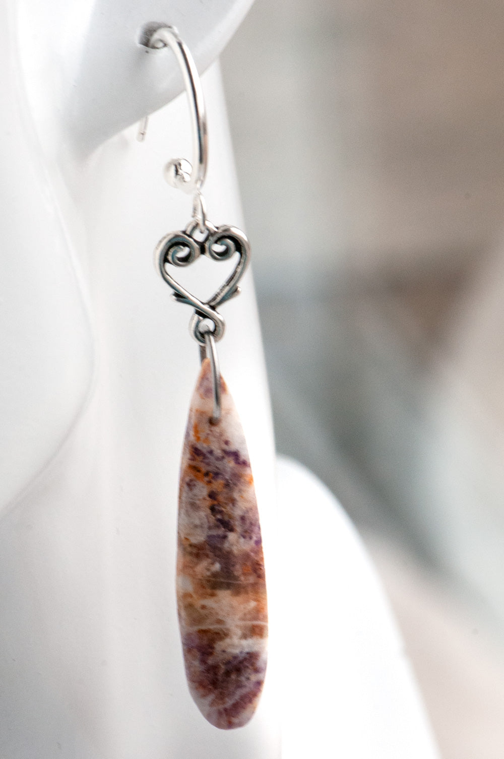 Petrified Purple Fluorite drop earrings in purple and yellow