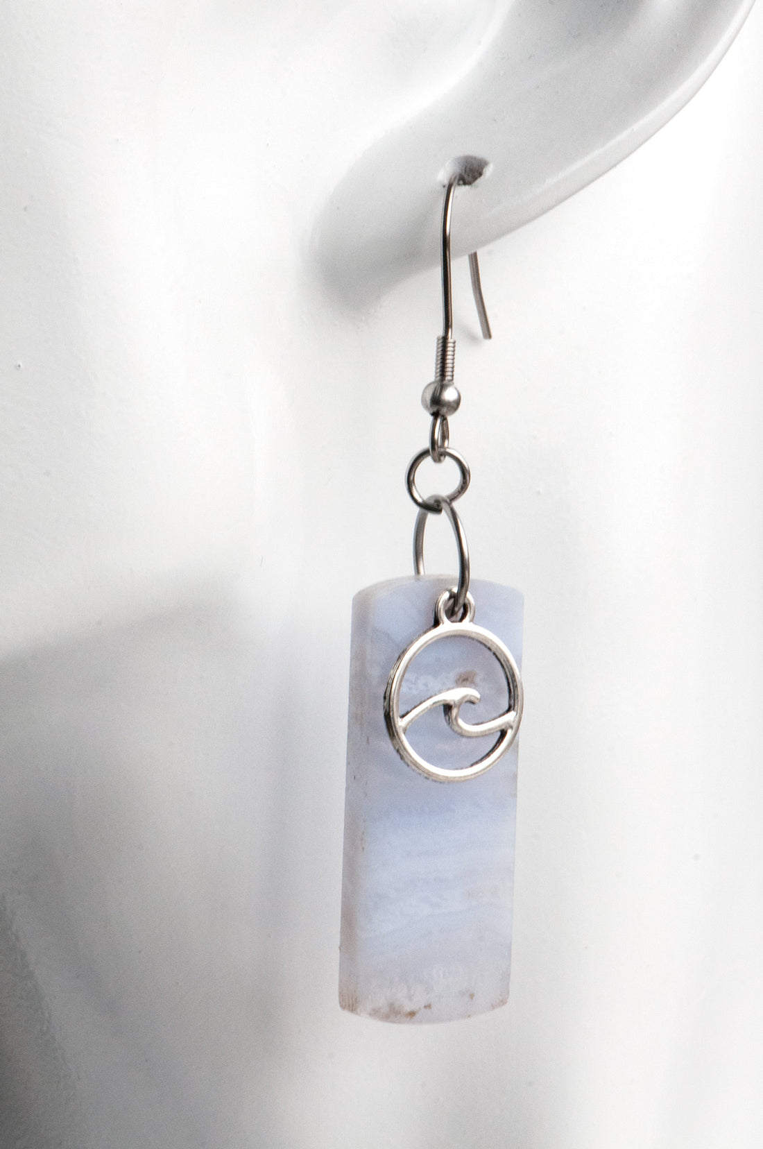 Blue lace agate earrings with wave charm