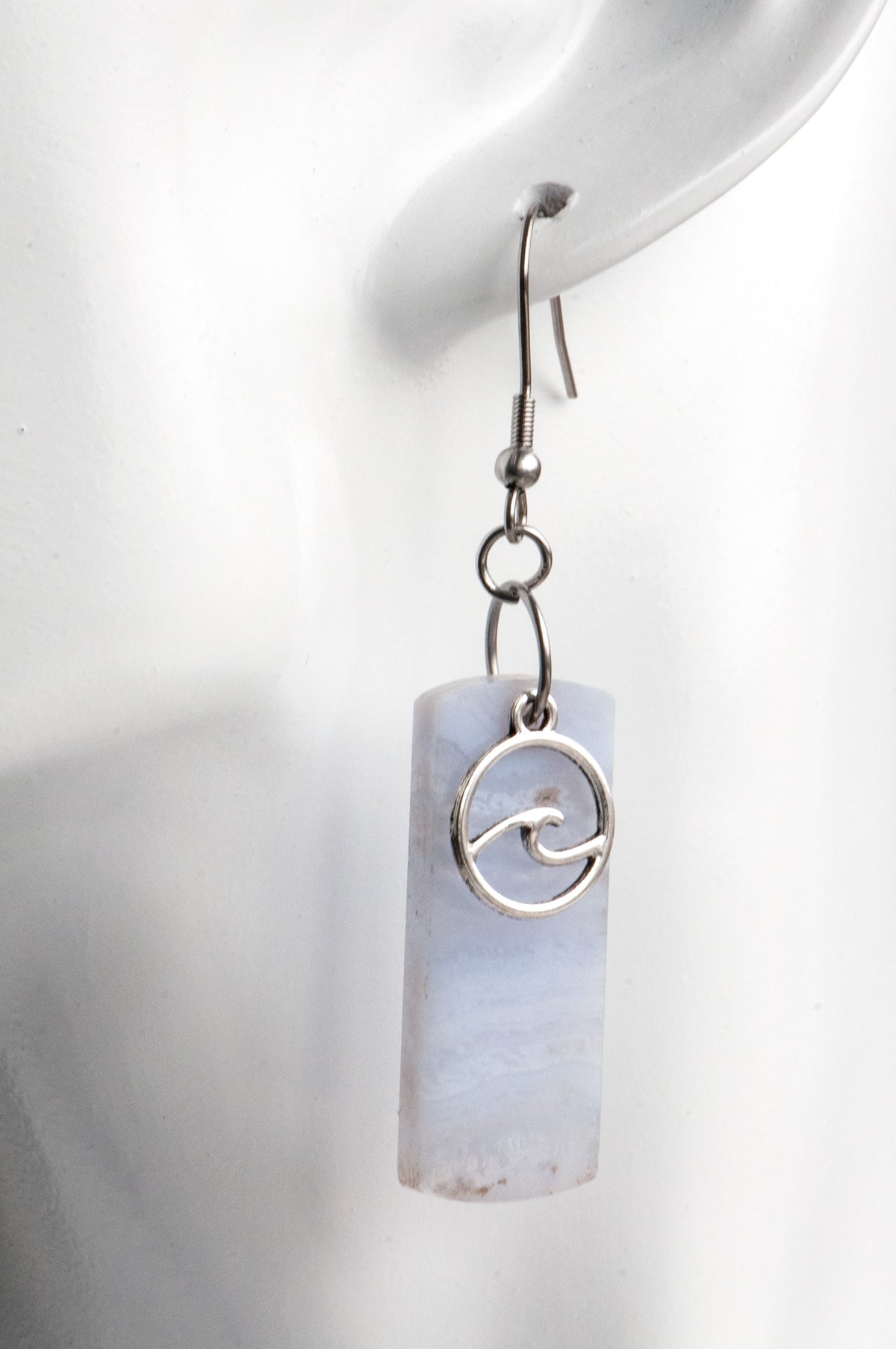 Blue lace agate earrings with wave charm