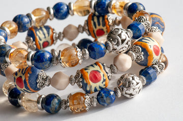 Handmade bracelet set with Citrine, Lapis, and hand-painted beads