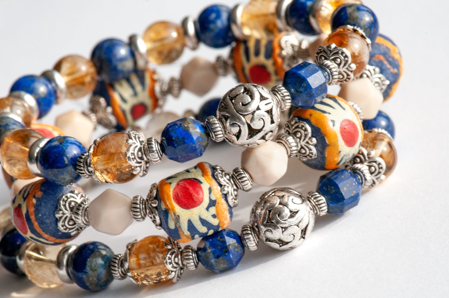Handmade bracelet set with Citrine, Lapis, and hand-painted beads