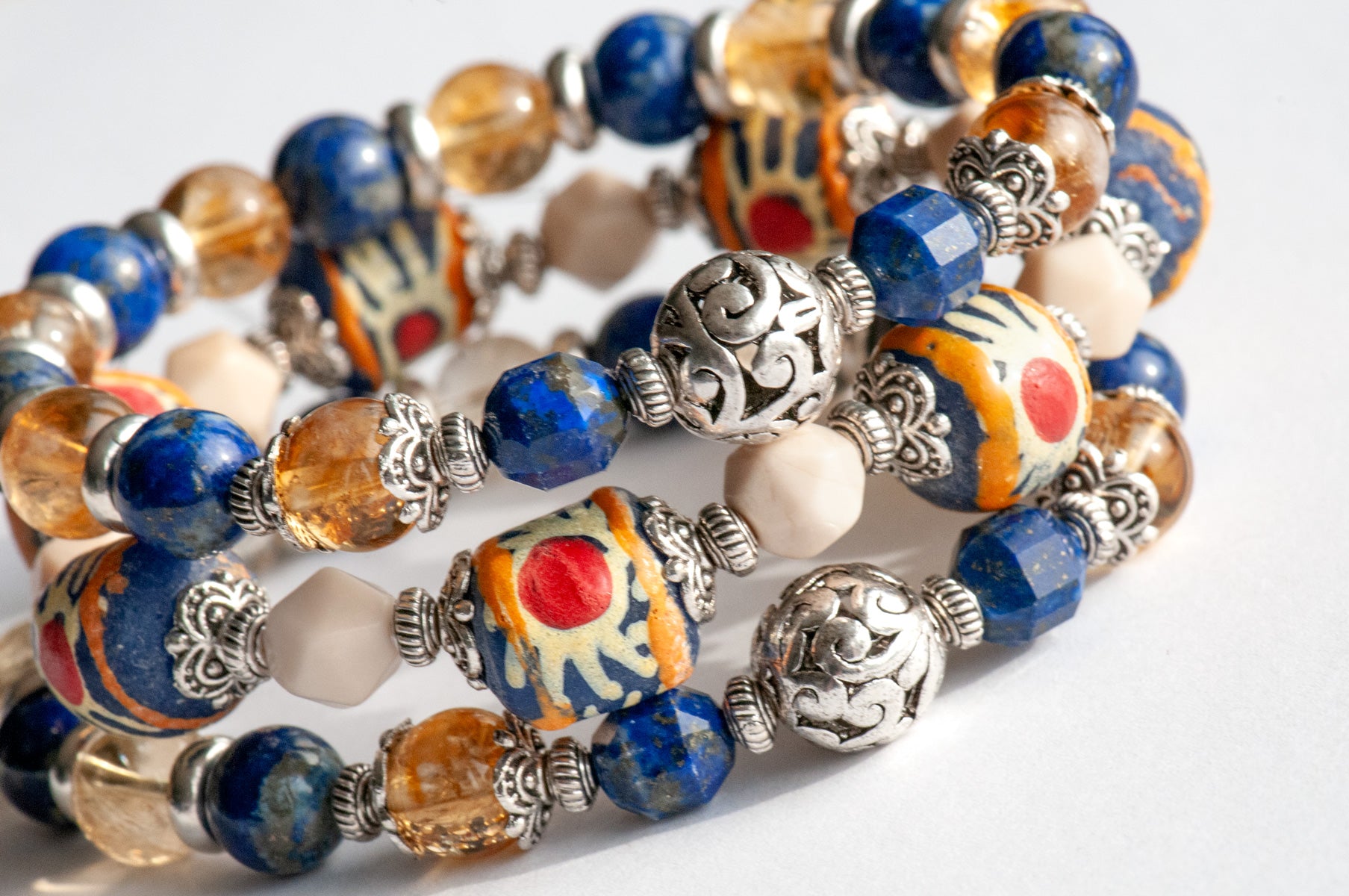 Handmade bracelet set with Citrine, Lapis, and hand-painted beads