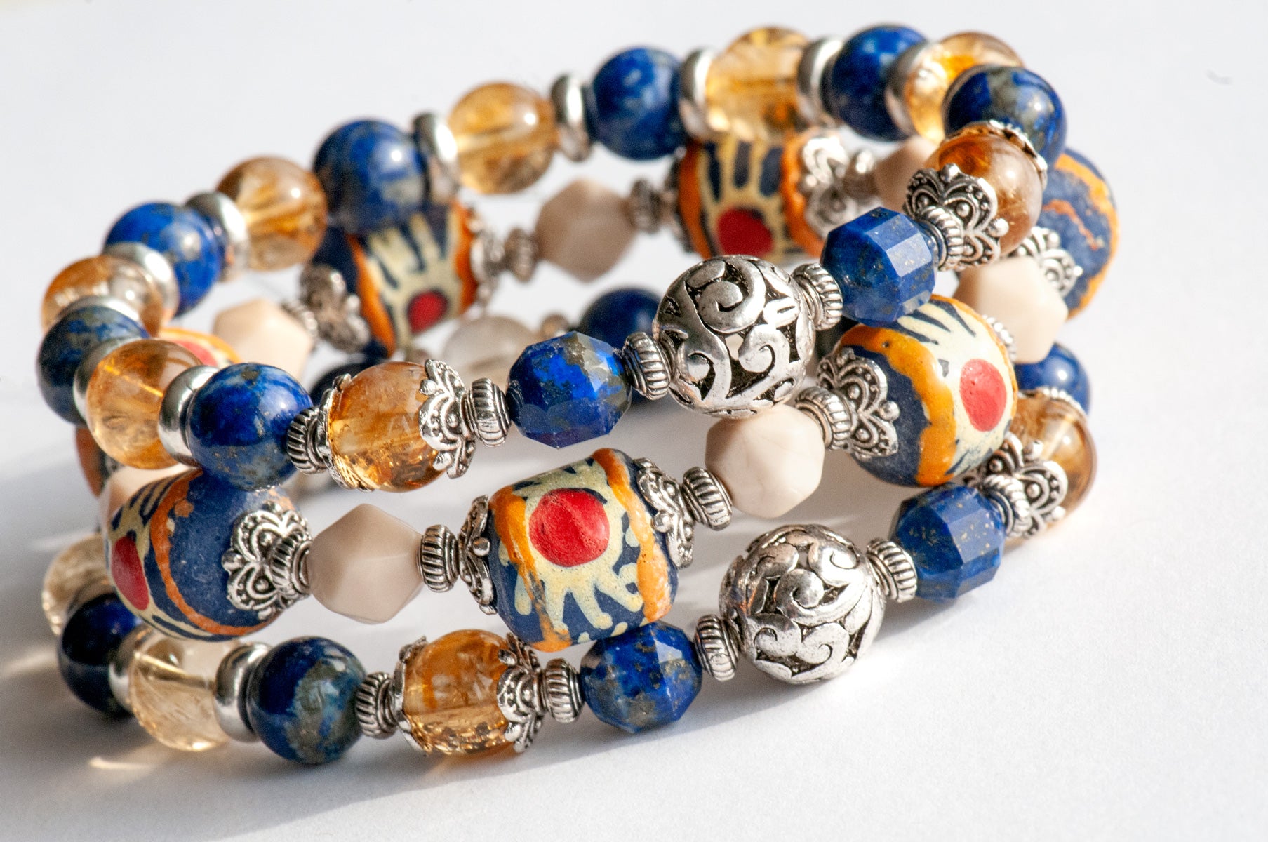 Handmade bracelet set with Citrine, Lapis, and hand-painted beads