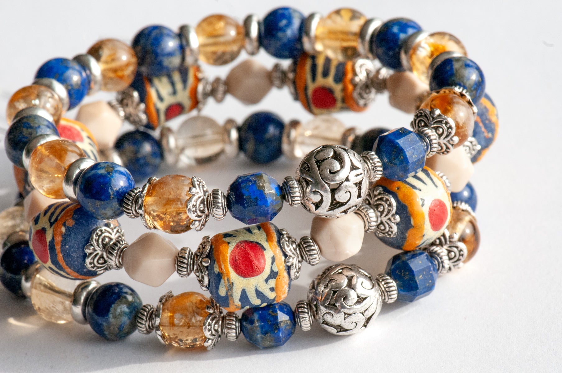 Handmade bracelet set with Citrine, Lapis, and hand-painted beads