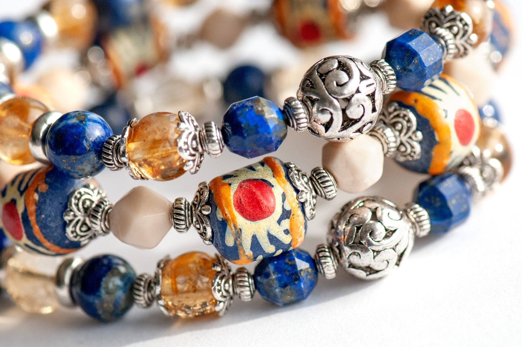 Handmade bracelet set with Citrine, Lapis, and hand-painted beads