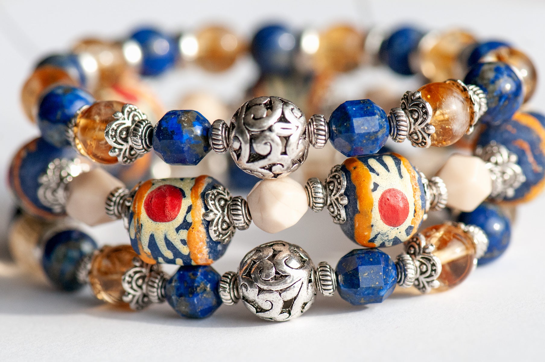 Handmade bracelet set with Citrine, Lapis, and hand-painted beads