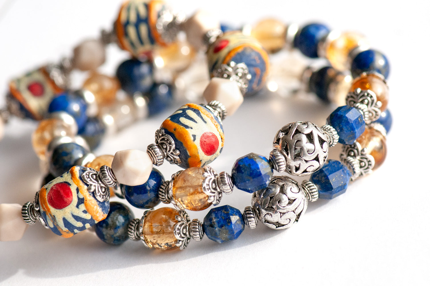 Handmade bracelet set with Citrine, Lapis, and hand-painted beads