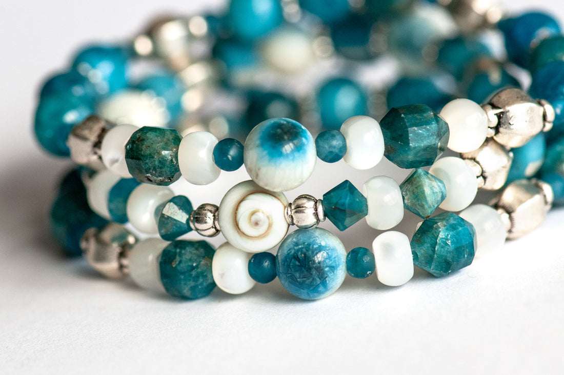 Apatite, Shiva Eye, Mother of Pearl, and Blue Eye Quartz bracelet set handmade in Canada