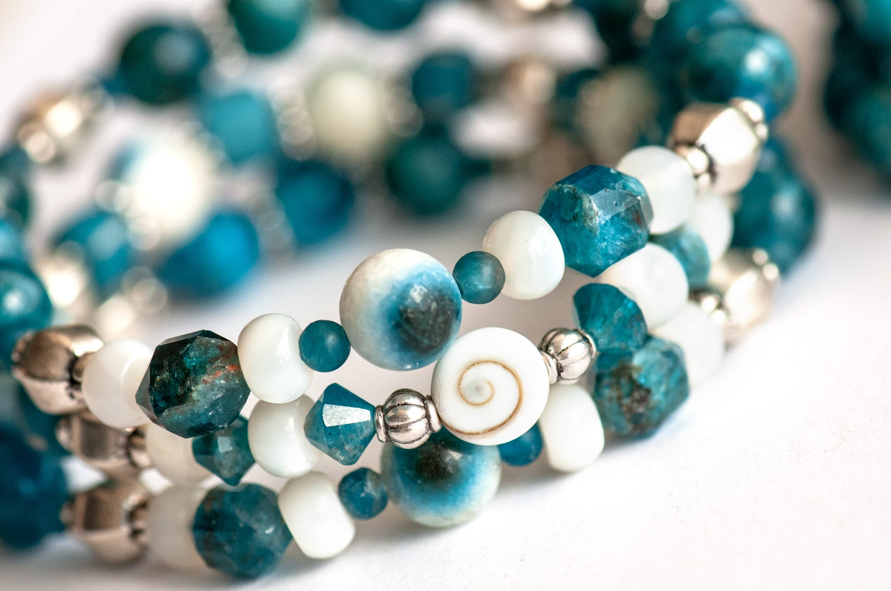 Apatite, Shiva Eye, Mother of Pearl, and Blue Eye Quartz bracelet set handmade in Canada