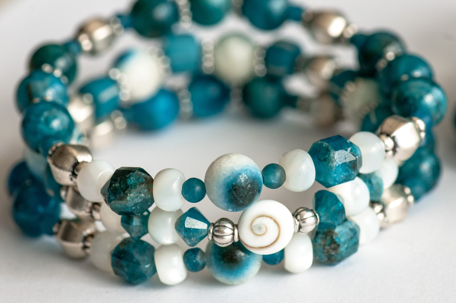 Apatite, Shiva Eye, Mother of Pearl, and Blue Eye Quartz bracelet set handmade in Canada