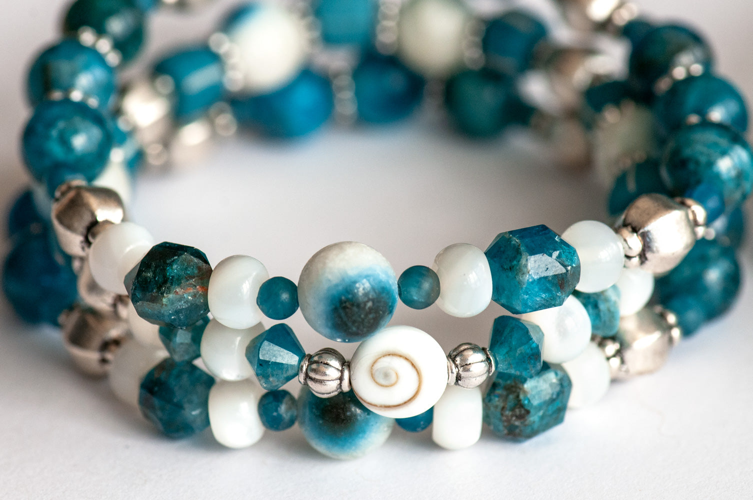 Apatite, Shiva Eye, Mother of Pearl, and Blue Eye Quartz bracelet set handmade in Canada