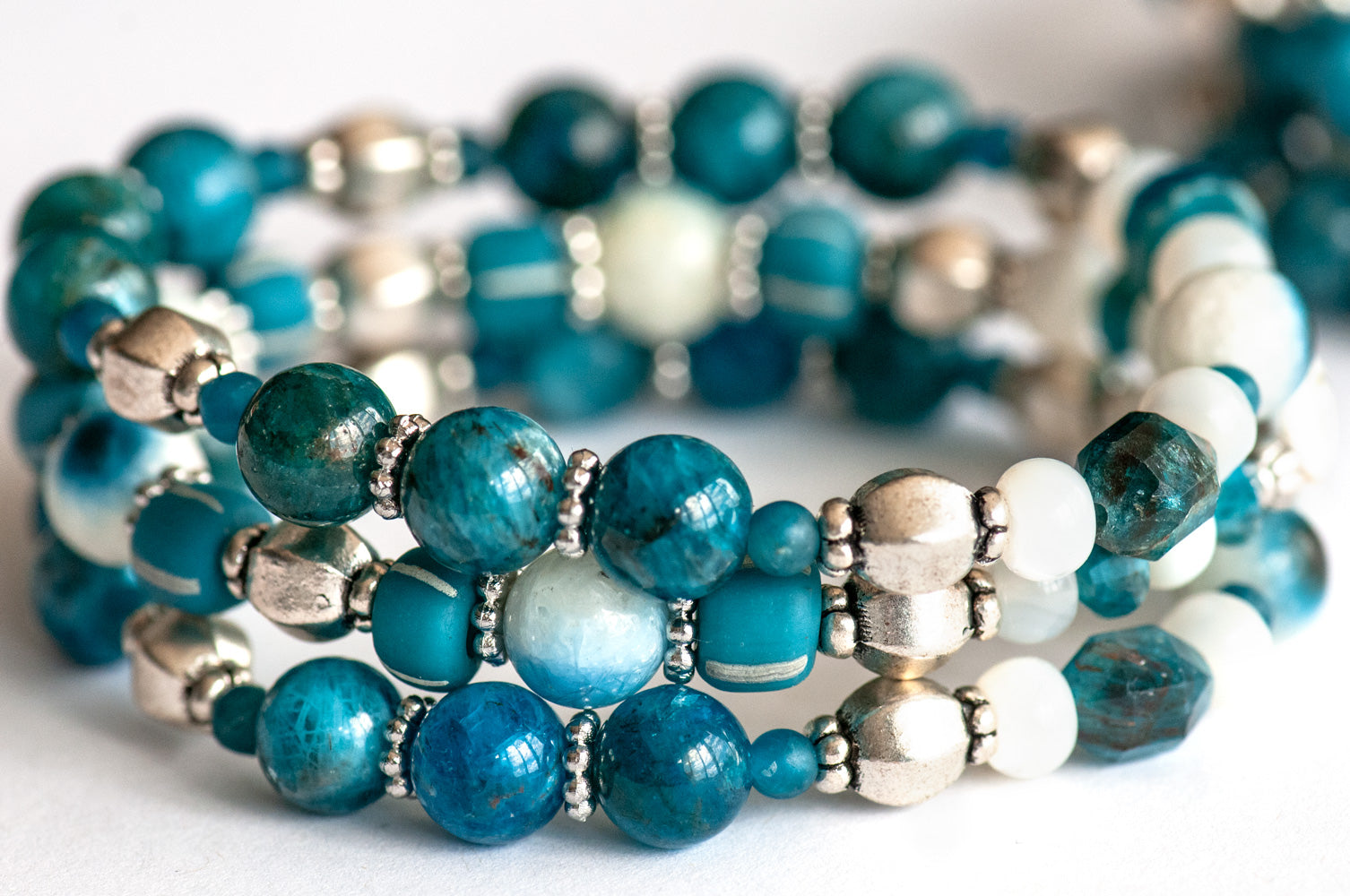 Apatite, Shiva Eye, Mother of Pearl, and Blue Eye Quartz bracelet set handmade in Canada