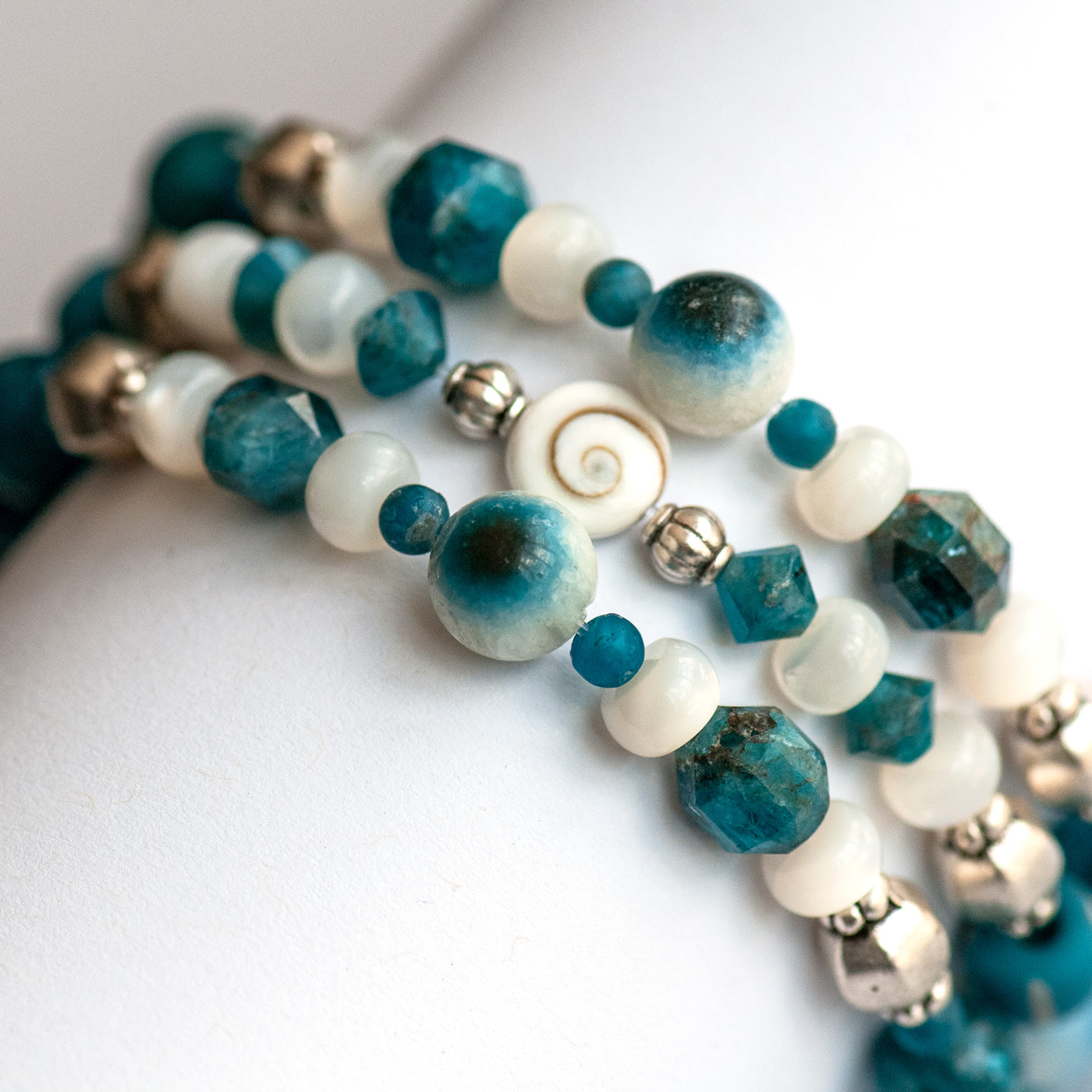 Apatite, Shiva Eye, Mother of Pearl, and Blue Eye Quartz bracelet set handmade in Canada