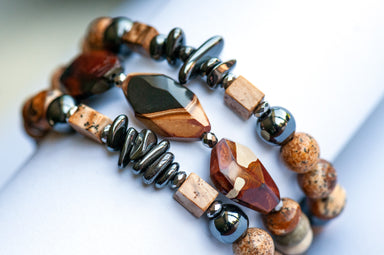 Wonderstone, Hematite, Picture Jasper, and Yooperlite bracelet set handmade in Canada
