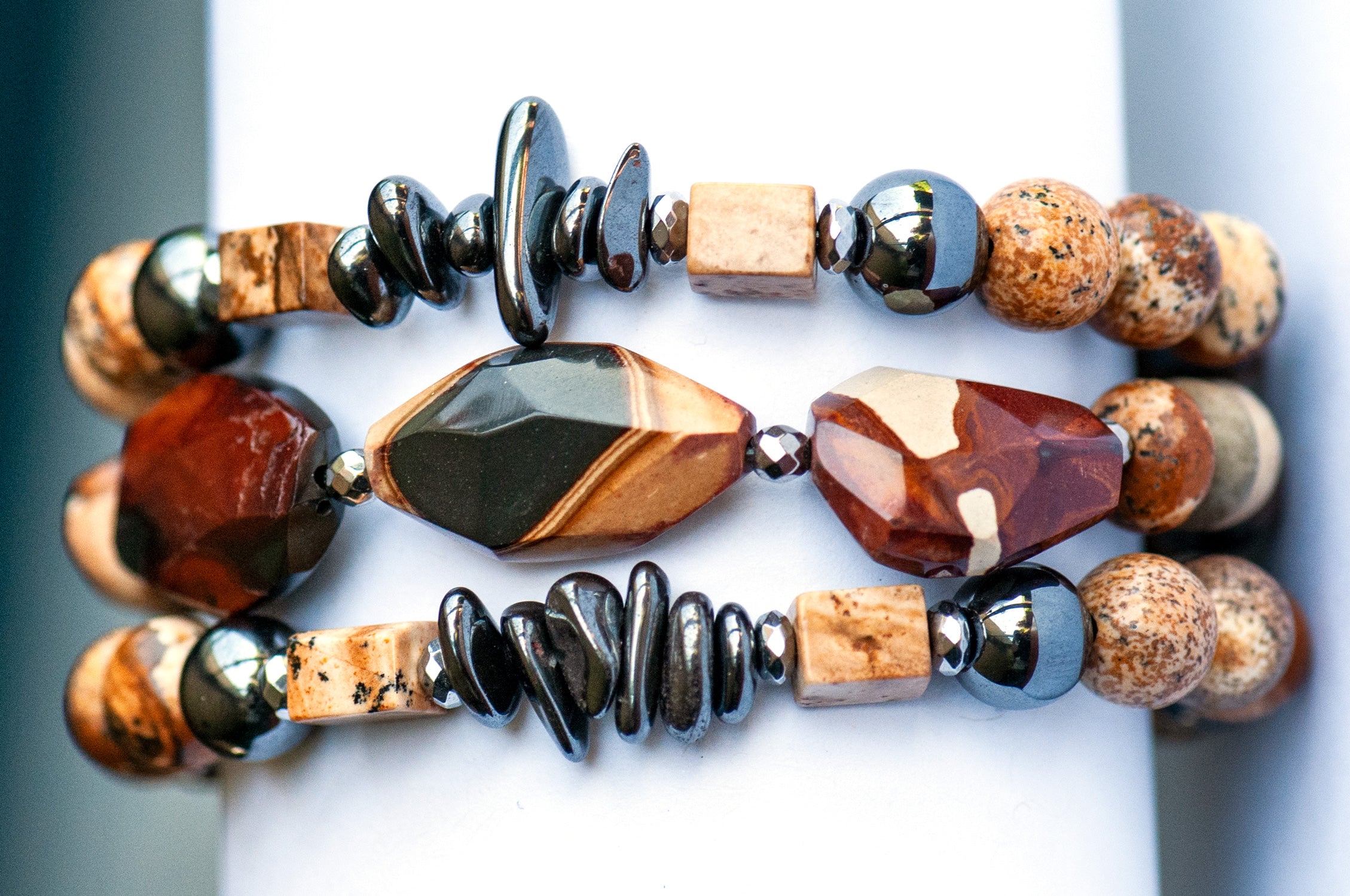 Wonderstone, Hematite, Picture Jasper, and Yooperlite bracelet set handmade in Canada